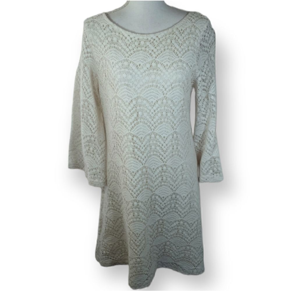 SHARAGANO CREAM CROCHET MIDI DRESS SZ.16 EUC